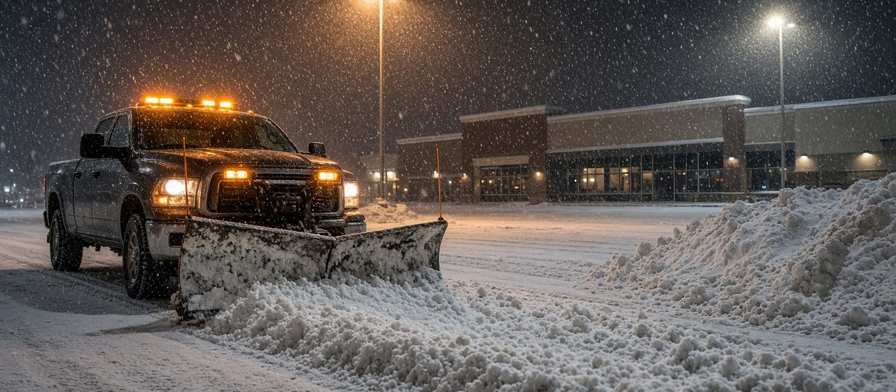 A dark pickup with amber lights and a front plow blade pushing snow across a parking lot at night, with tall pole lights, a storefront building and a snow pile behind it, in Detroit, Michigan