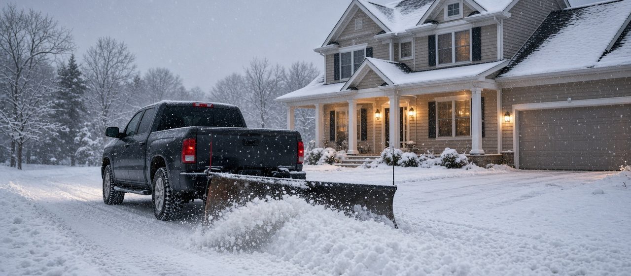 A dark pickup with a plow blade at its rear pushing snow down a driveway in front of a two-story house with lit windows and snow on the roof, in Detroit, Michigan