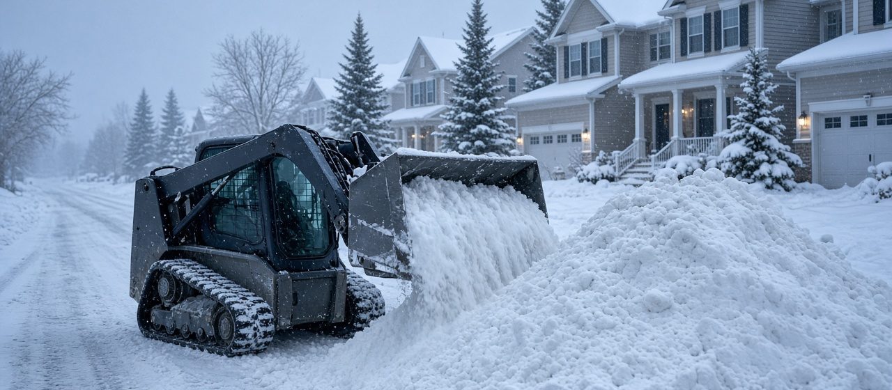A tracked skid steer pushing snow into a tall pile beside a residential street lined with two-story houses and evergreen trees in falling snow, in Detroit, Michigan