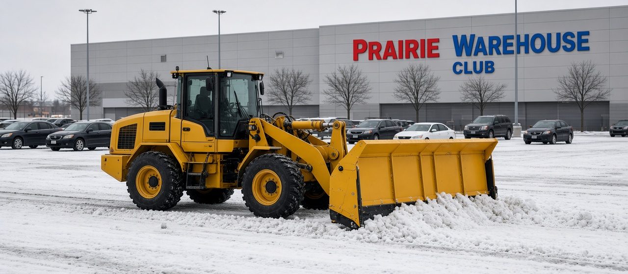 A yellow wheel loader with a yellow snow pusher clearing a snowy store parking lot, with parked cars and bare trees in front of a big warehouse store, in Detroit, Michigan