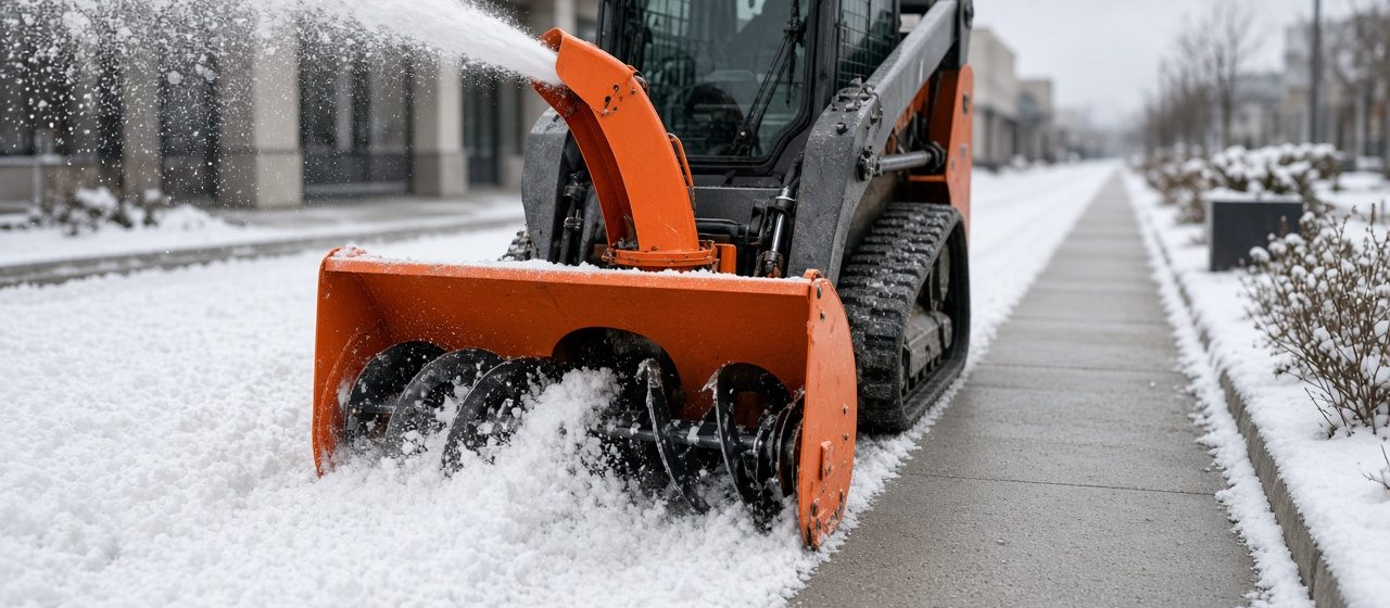 An orange snow blower attachment on a tracked loader throwing snow beside a long cleared sidewalk, in Detroit, Michigan