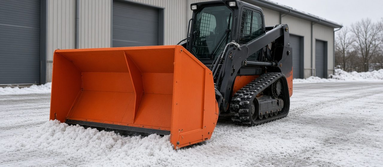 An orange snow pusher with tall side panels on a black tracked loader in front of a metal warehouse, in Detroit, Michigan