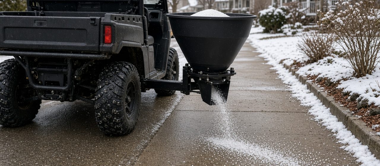 A black cone-shaped spreader on the back of a utility vehicle spreading salt on a sidewalk, in Detroit, Michigan