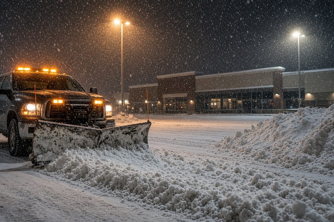 A dark pickup with amber lights and a front plow blade pushing snow across a parking lot at night, with tall pole lights, a storefront building and a snow pile behind it, in Detroit, Michigan