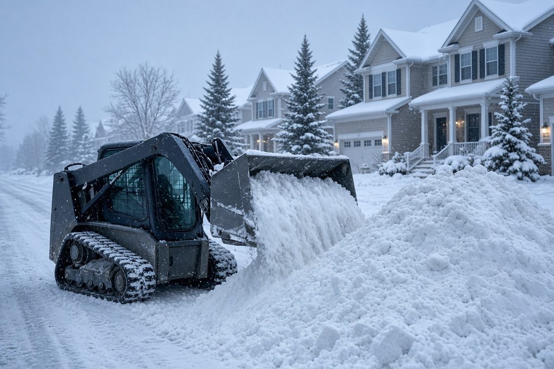 A tracked skid steer pushing snow into a tall pile beside a residential street lined with two-story houses and evergreen trees in falling snow, in Detroit, Michigan