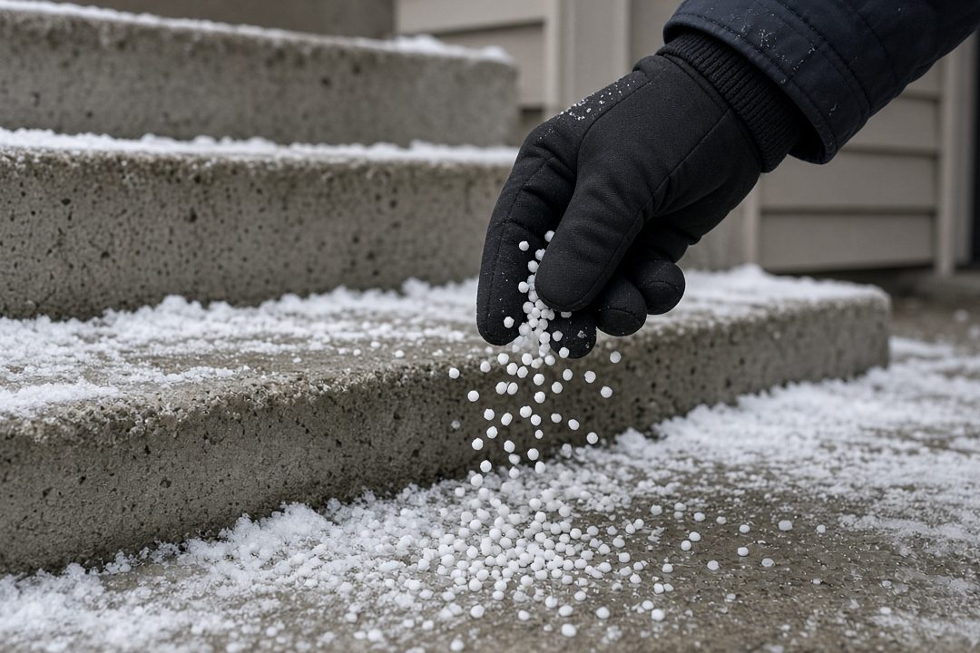 A gloved hand scattering white ice melt pellets onto snowy concrete steps, in Detroit, Michigan