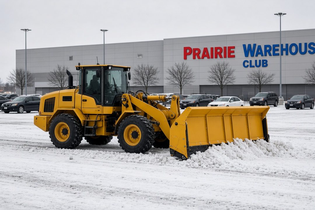 A yellow wheel loader with a yellow snow pusher clearing a snowy store parking lot, with parked cars and bare trees in front of a big warehouse store, in Detroit, Michigan