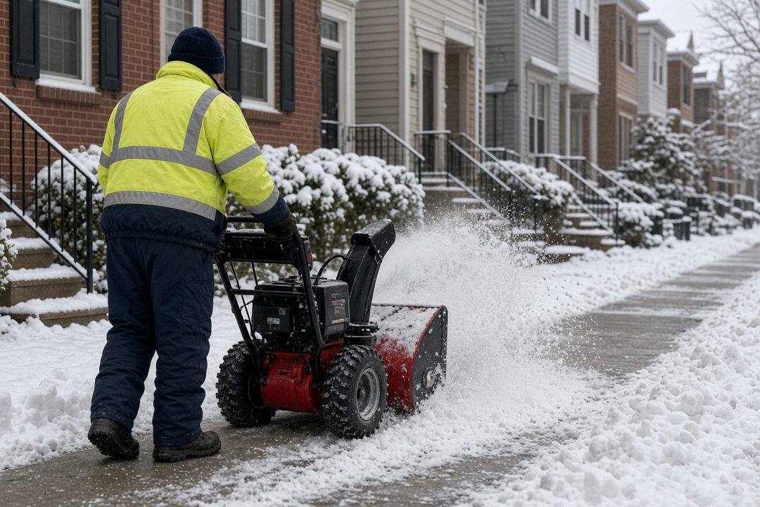 A worker in a yellow high-visibility jacket clearing a snowy sidewalk with a red two-stage snow blower in front of a row of brick townhomes, in Detroit, Michigan