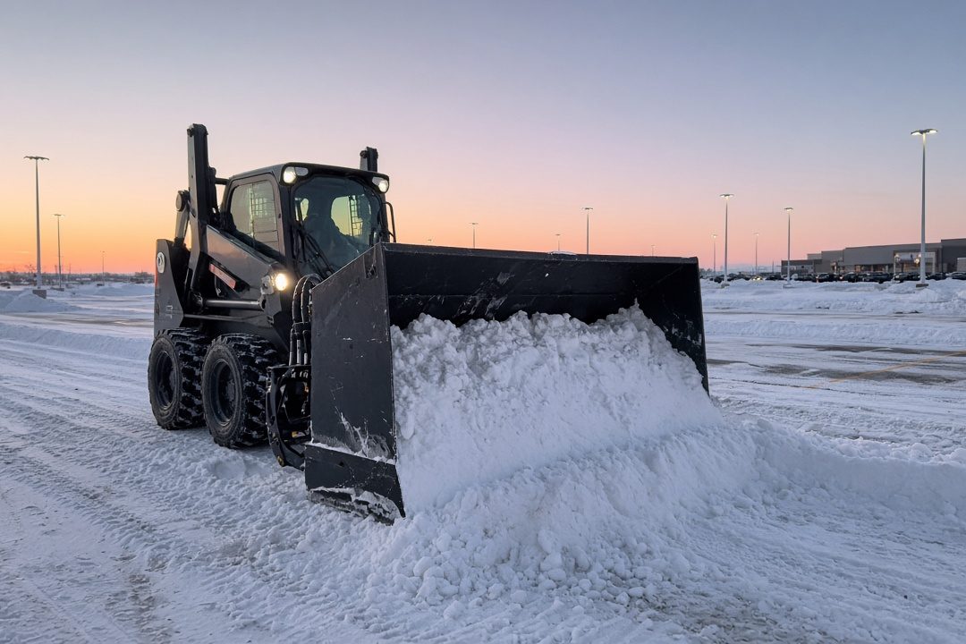 A black snow pusher box on a wheeled skid steer pushing snow across a big parking lot at dawn, in Detroit, Michigan