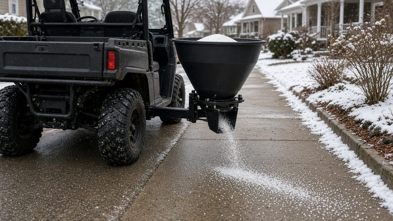 A black cone-shaped spreader on the back of a utility vehicle spreading salt on a sidewalk, in Detroit, Michigan