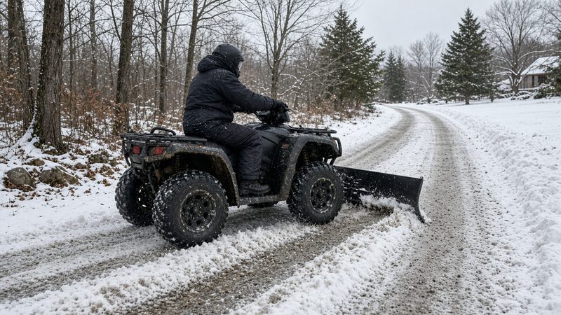 A rider on an ATV with a front plow blade clearing a snowy gravel lane through the woods, in Detroit, Michigan