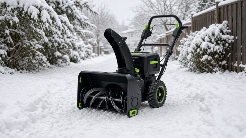 A black battery-powered two-stage snow blower with green trim on a snowy path between snow-covered shrubs and a fence, in Detroit, Michigan