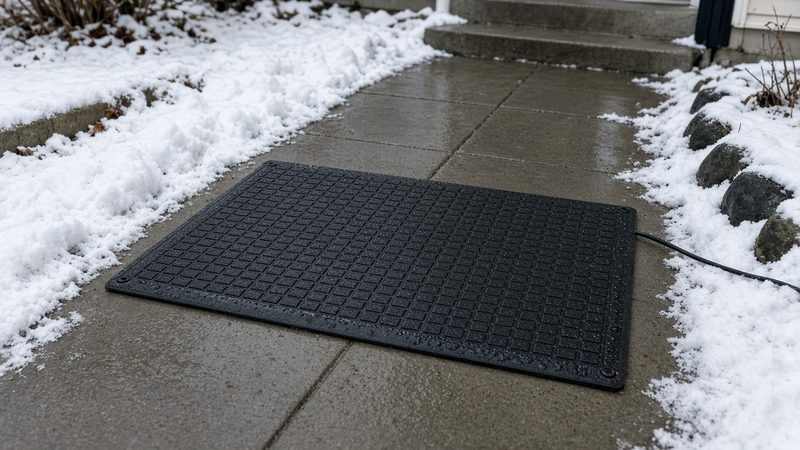 A black rubber mat on a wet, clear concrete walkway with snow on both sides and a cord running off the side, in Detroit, Michigan