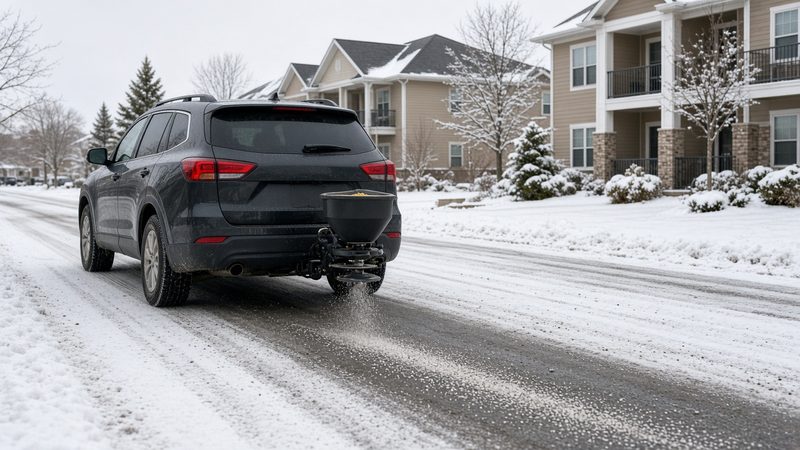 A dark SUV with a small black salt spreader on its rear hitch spreading salt on a snowy street by apartment buildings, in Detroit, Michigan