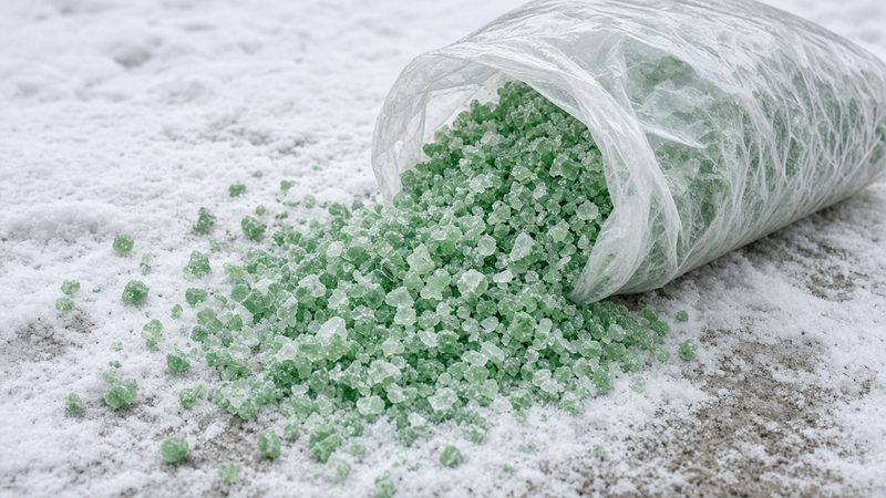 A clear bag of green ice melt crystals spilling onto snowy ground, in Detroit, Michigan