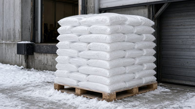 A wooden pallet stacked with plain white bags beside a loading dock door, in Detroit, Michigan