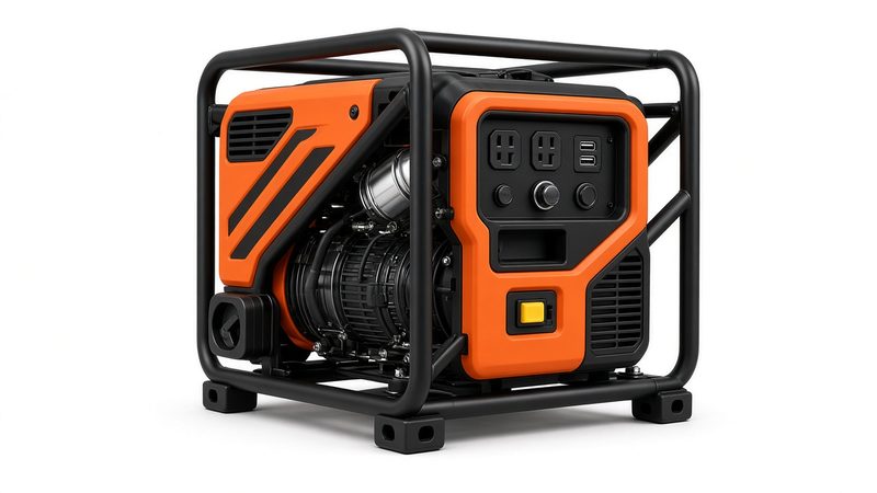 An orange and black open-frame inverter generator in a black tube frame, in Detroit, Michigan