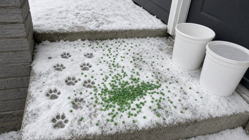 Green ice melt pellets and paw prints on a snowy front step, with two plain white tubs by the door, in Detroit, Michigan