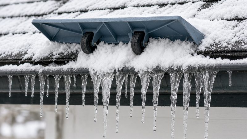 A blue-gray roof rake head with two wheels on a snowy roof edge above a row of icicles, in Detroit, Michigan