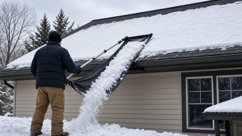 A person on the ground pulling a sheet of snow off a house roof with a long roof rake and fabric slide, in Detroit, Michigan
