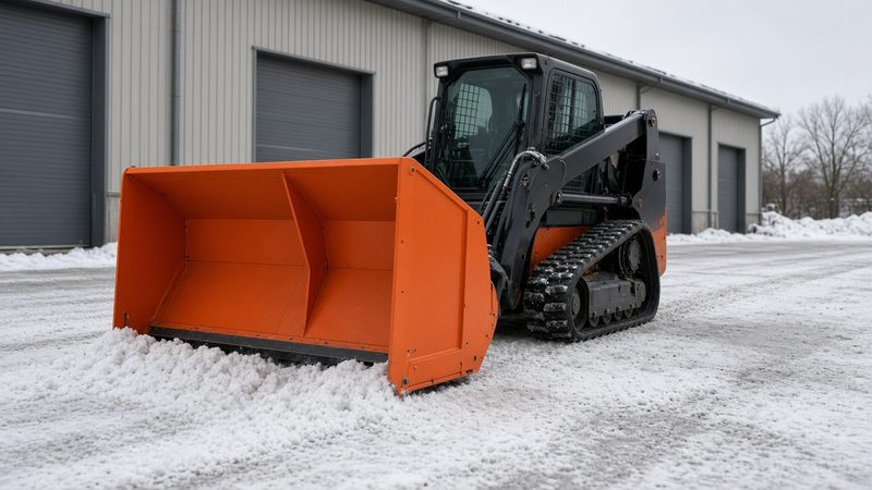 An orange snow pusher with tall side panels on a black tracked loader in front of a metal warehouse, in Detroit, Michigan