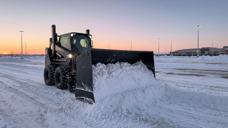 A black snow pusher box on a wheeled skid steer pushing snow across a big parking lot at dawn, in Detroit, Michigan