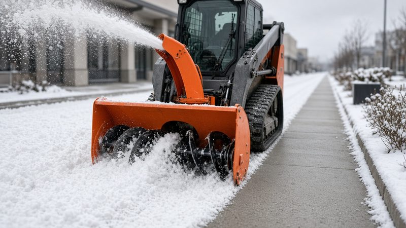 An orange snow blower attachment on a tracked loader throwing snow beside a long cleared sidewalk, in Detroit, Michigan
