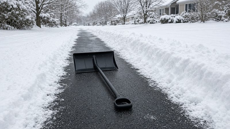 A black snow pusher lying on a freshly cleared strip of driveway between snowbanks, in Detroit, Michigan