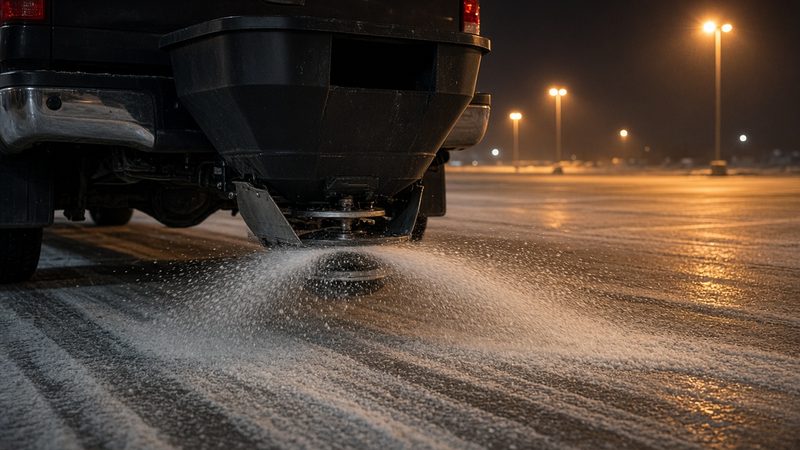 A black tailgate hopper on the back of a truck spreading salt across a parking lot at night, in Detroit, Michigan
