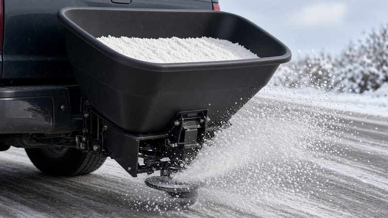 A black hopper full of salt on the back of a truck, with a spinner throwing salt onto a snowy road, in Detroit, Michigan
