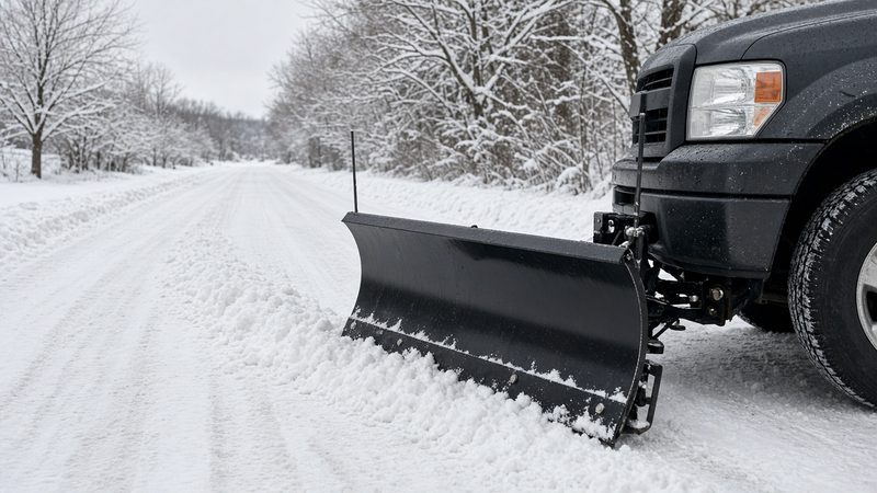 A black straight plow blade mounted on the front of a dark pickup on a snowy road, in Detroit, Michigan