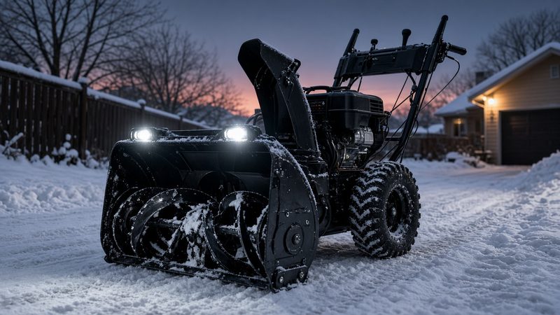 A black two-stage snow blower with its headlights on in a snowy driveway at dusk, in Detroit, Michigan