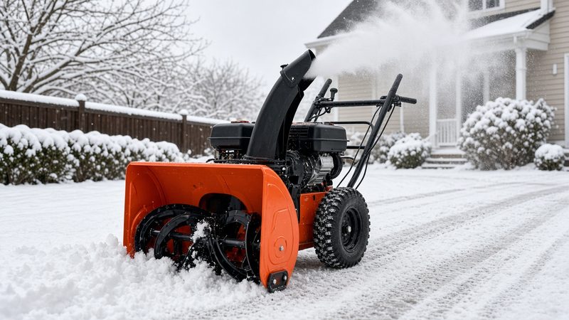 An orange two-stage snow blower throwing snow from its chute in a snowy front yard, in Detroit, Michigan