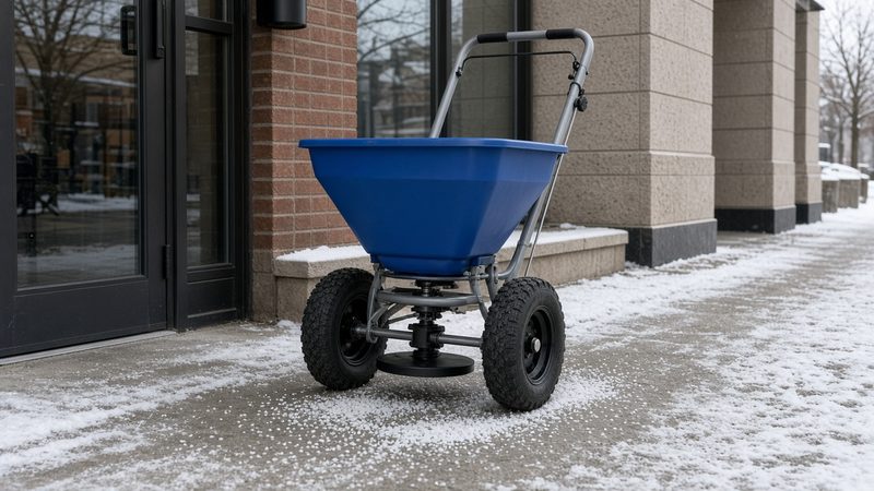 A blue walk-behind spreader with large tires on a salted storefront sidewalk, in Detroit, Michigan